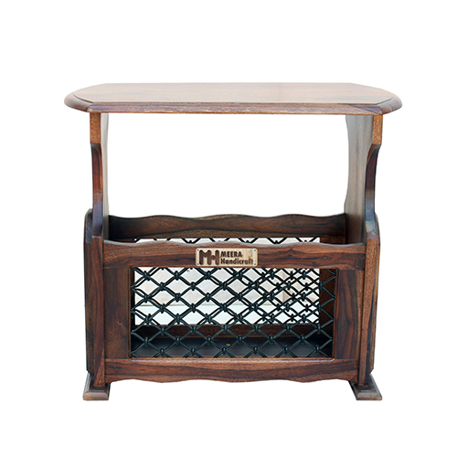 Sheesham Solid Wood Magazine Holder With Iron Grill Natural Brown - Image 2