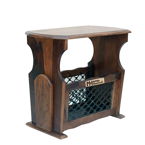 Sheesham Solid Wood Magazine Holder With Iron Grill Natural Brown - Image 3
