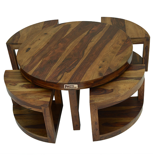 Sheesham Solid Wood Round Cofee Table With 4 Seating Provincial Teak - Image 9
