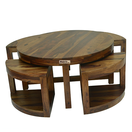 Sheesham Solid Wood Round Cofee Table With 4 Seating Provincial Teak - Image 8
