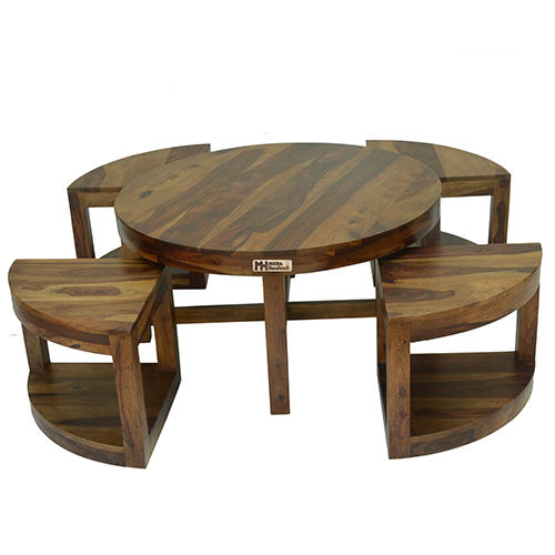 Sheesham Solid Wood Round Cofee Table With 4 Seating Provincial Teak - Image 7