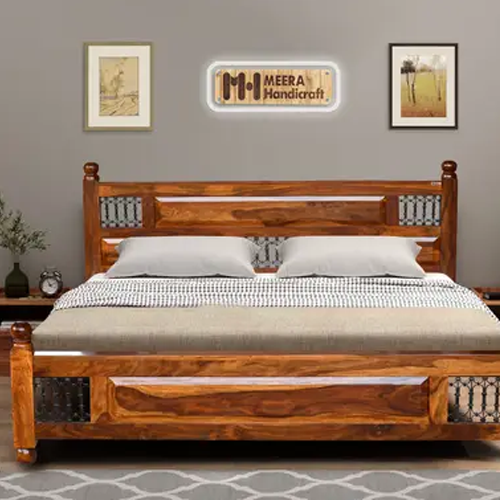 Solid Sheesham Wood Queen Size Bed - Image 1