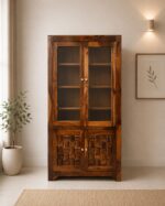 MEERAHANDICRAFT SHEESHAM WOOD NIWAR DESIGNED GLASS AND WOOD DOOR BOOKSELF