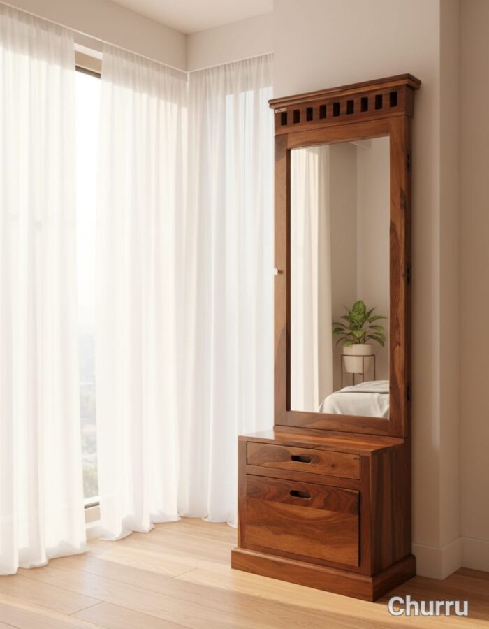MEERAHANDICRADT SHEESHAM WOOD NIWAR DESIGNED DRESSING TABLEWITH TROLLY STOOL - Image 1