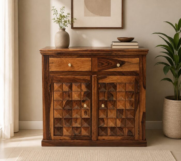 WhatsApp Image 2026-08-10 at 12.13.35 PM MEERAHANDICRAFT SHEESHAM WOOD DIAMOND DESIGNED CABINET OR SHOERACK - Image 1