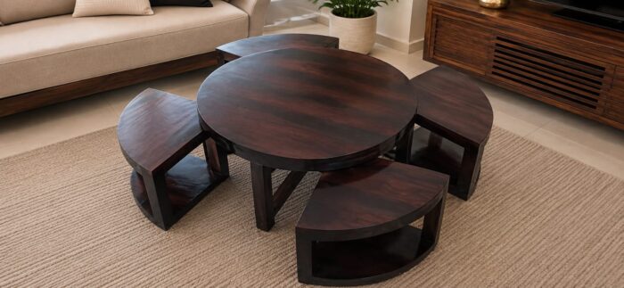 WhatsApp Image 2026-08-14 at 10.55.57 PM MEERAHANDICRAFT CIRCLE SHAPE OF CENTER /COFFE TABLE WITH FOUR TRIANGLE DESIGNED STOOL - Image 1