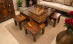 MEERAHANDICRAFT CHESS DESIGNED SQUARE COFFEE TABLEWITH 4 STOOL