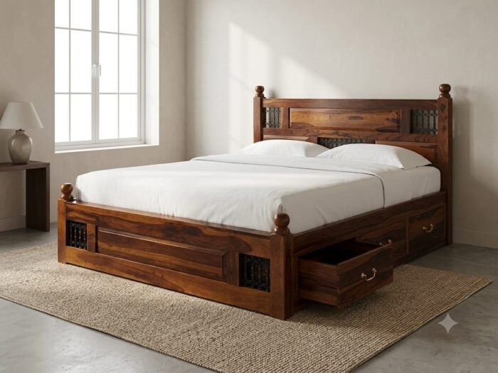 SHEESHAM SOILD WOOD IRON JALLI KING SIZE WITH FOUR DRAWER STORAGE - Image 1