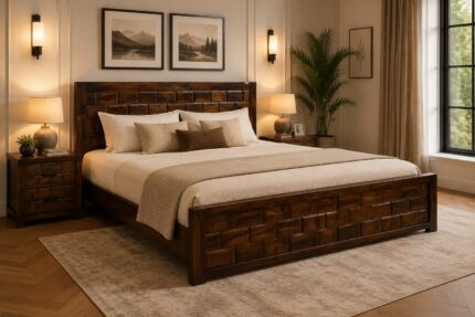 MEERAHANDICRAFT SHEESHAM WOOD BRICK-BLOCKED QUEEN SIZE COT