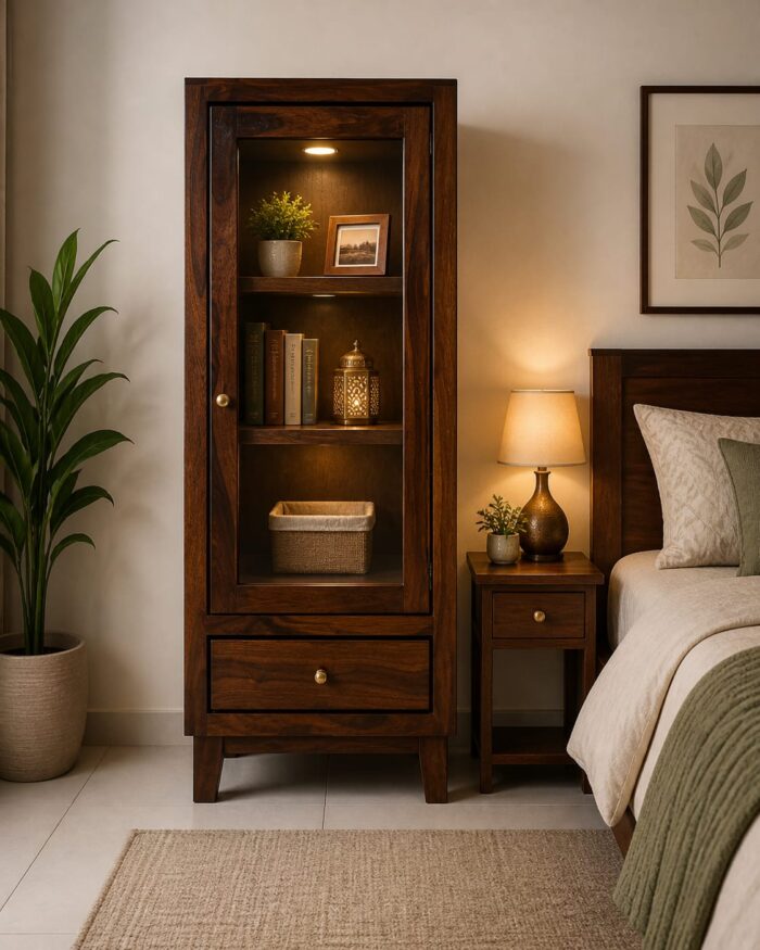 MEERAHANDICRAFT SHEESHAM WOOD SINGLE DOOR GLASS BOOKSELF - Image 1