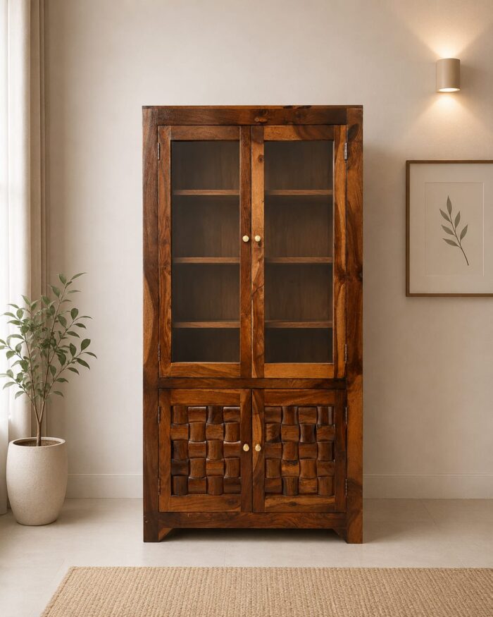 MEERAHANDICRAFT SHEESHAM WOOD NIWAR DESIGNED GLASS AND WOOD DOOR BOOKSELF - Image 1
