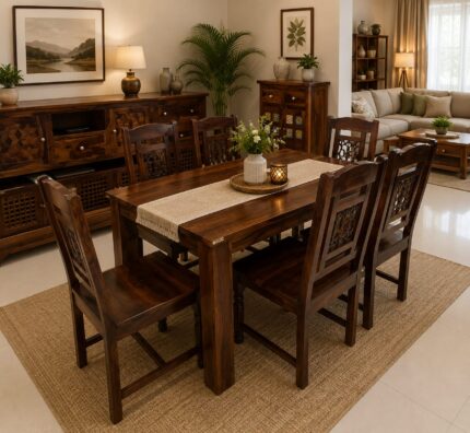 MEERAHANDICRAFT SHEESHAM WOOD 6 SEATER WITH IRONROD CHAIR PLAIN DINNING TABLE