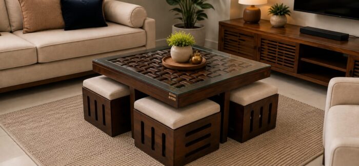 WhatsApp Image 2026-08-14 at 11.11.28 PM MEERAHANDICRAFT NIWAR DESIGNED CENTER /COFFEE TABLE WITH 4CHUSION STOOL - Image 1
