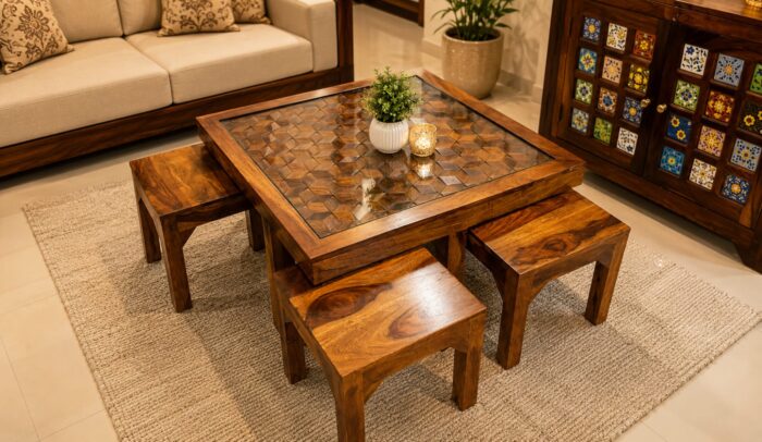 MEERAHANDICRAFT SHEESHAM WOOD 3D DESIGNED SQUARE TABLE WITH 4 STOOL - Image 1
