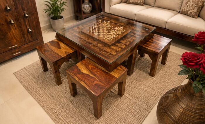 MEERAHANDICRAFT CHESS DESIGNED SQUARE COFFEE TABLEWITH 4 STOOL - Image 1