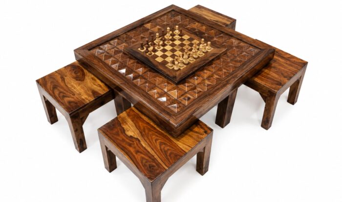 MEERAHANDICRAFT CHESS DESIGNED SQUARE COFFEE TABLEWITH 4 STOOL - Image 2